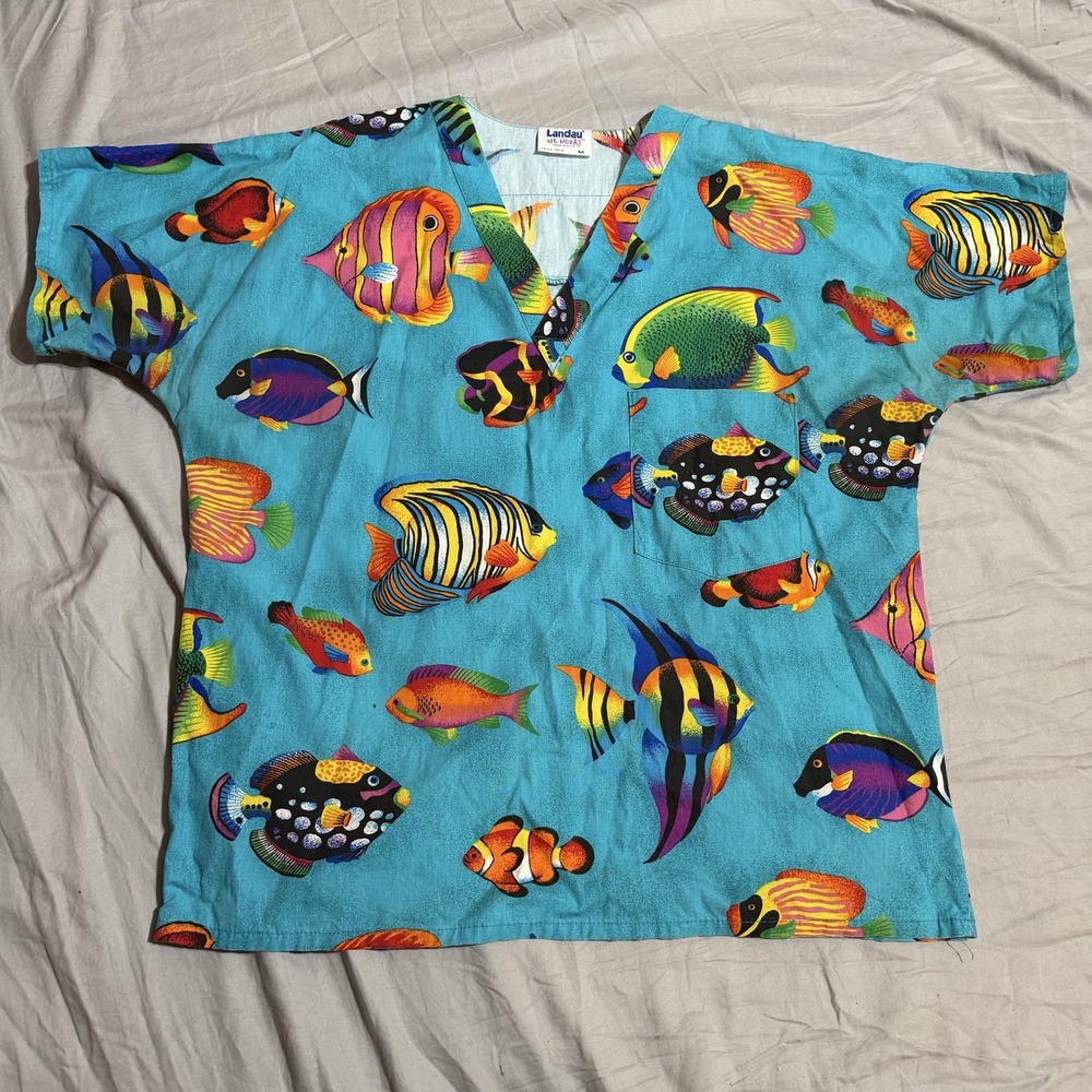 Landau Art Works Scrub Top Womens M Blue Tropical Fish Print V-Neck 7500 TFS USA